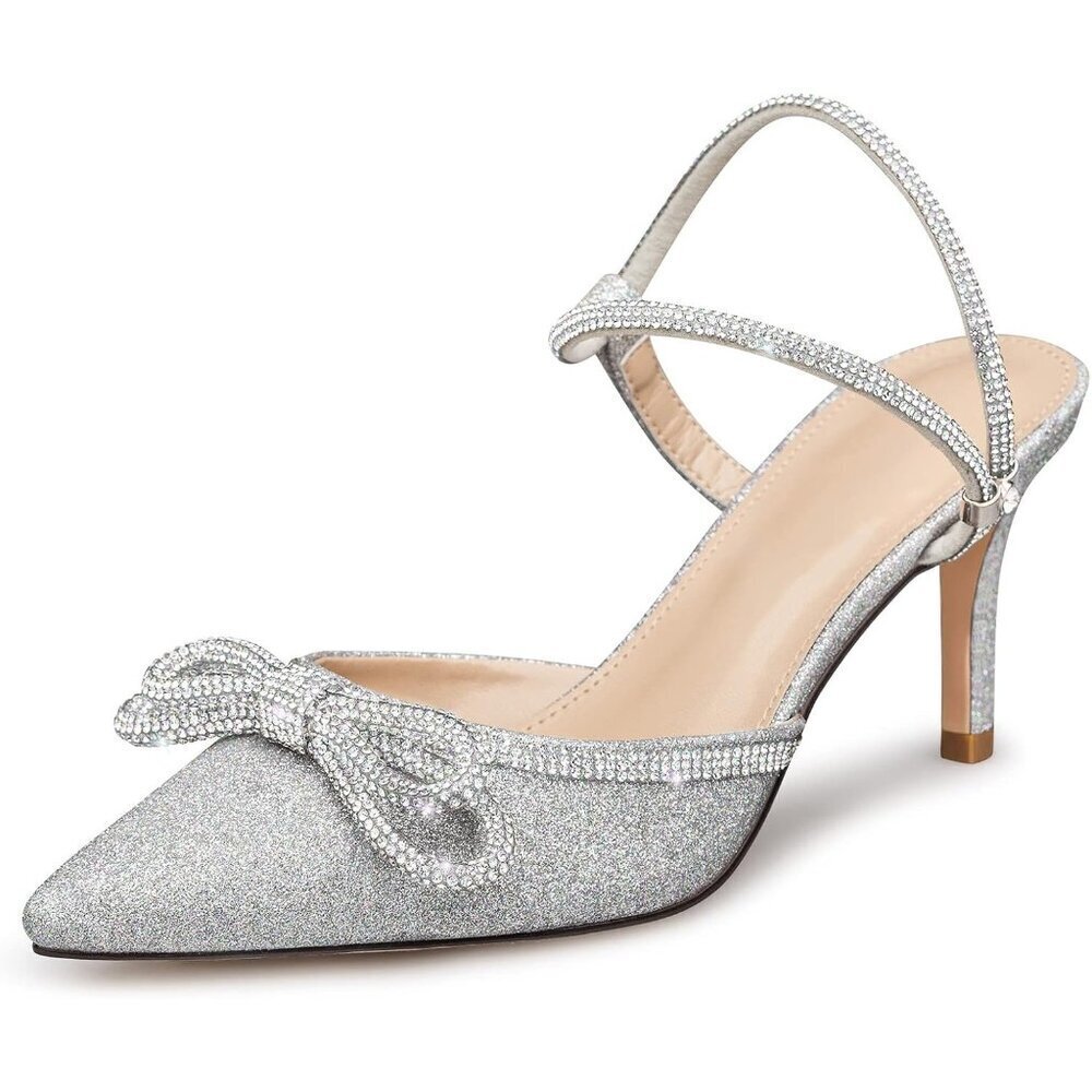 Women's Silver Closed Toe Rhinestone Wedding Low Slingback Clear Kitten Heels
